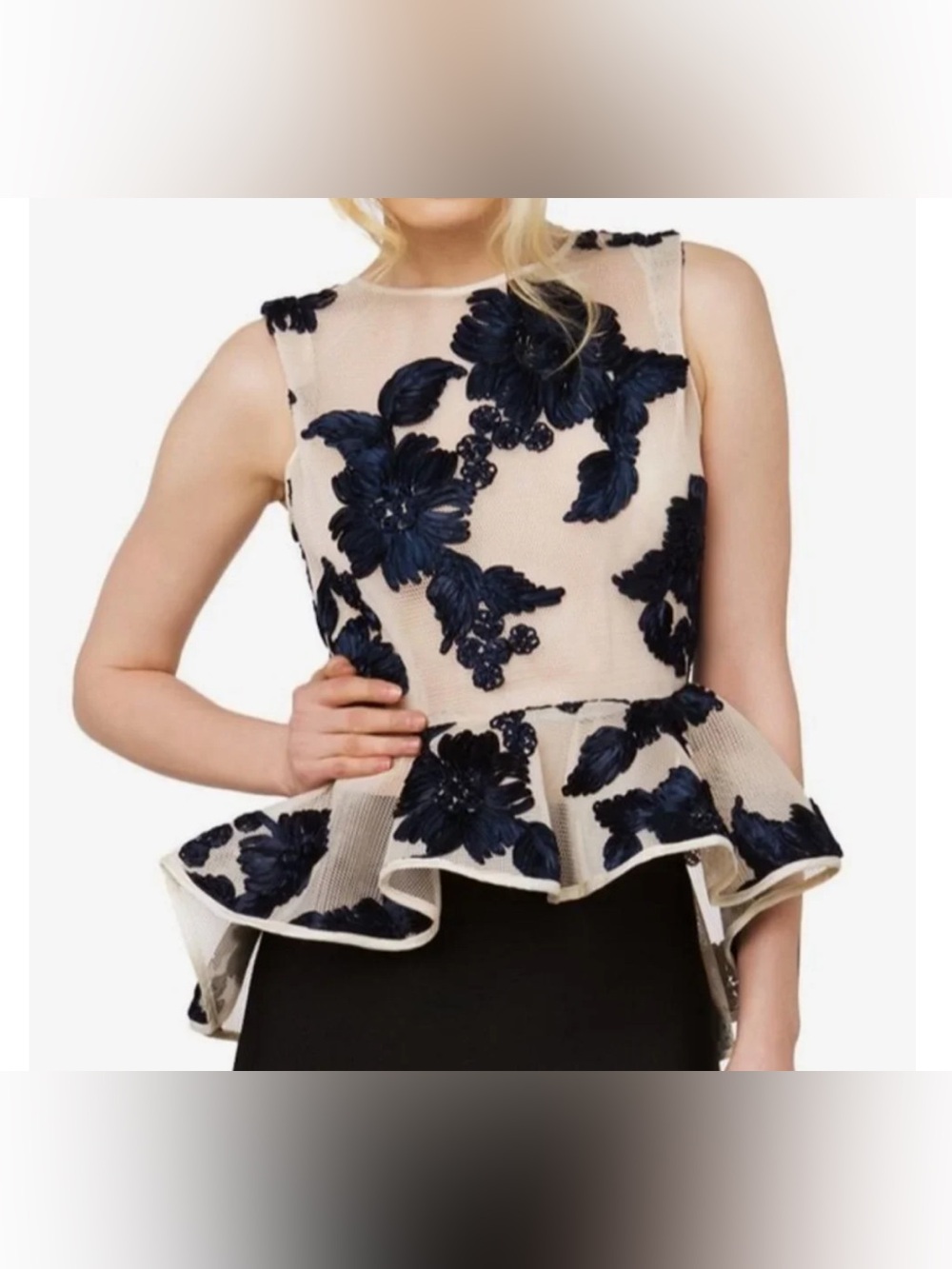 Gracia Floral Lace Mesh Peplum Top, Medium, Navy & Cream